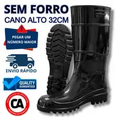 Galocha Bota PVC Preta Cano Longo 32cm Impermeável Sem Forro Unissex