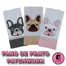 Pano de Prato Guardanapo Bordado Patchwork Grande Cachorro Bulldog Francês