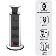 Torre de Tomada Retrátil Embutir 2 Tomadas Multiplug Com USB+USB-C