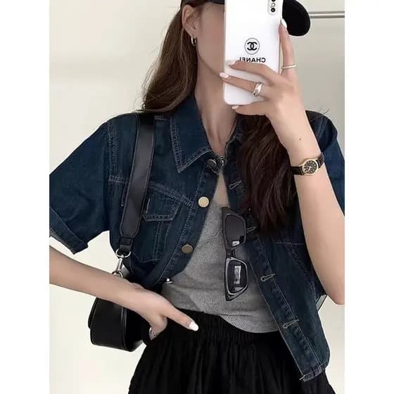 Design francês Retro puro algodão Denim camisa de manga curta feminina jaqueta curta nicho Casual elegante topo