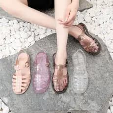 Baotou sandálias moda feminina exterior usar oco plana sapatos de praia transparente Casual geléia confortável