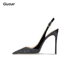 Guoar2024 bico fino lantejoulas couro envernizado costura traseira vazia 12cm tamanho grande 35-44 sandálias femininas d