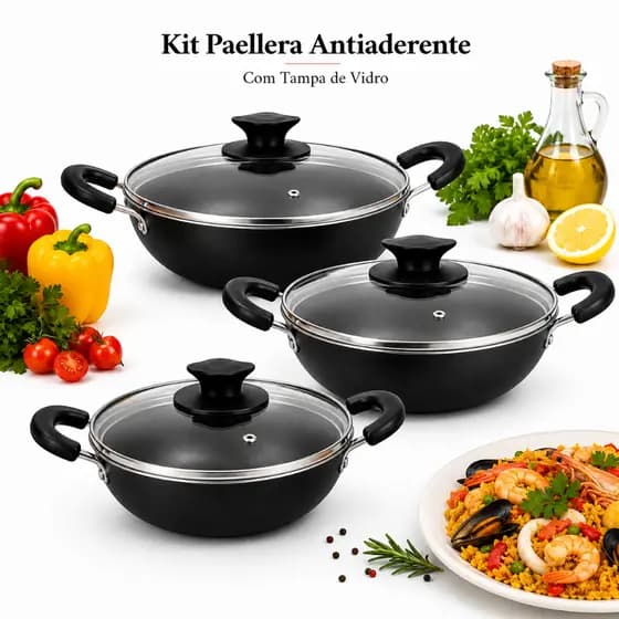 Paellera Antiaderente 3 Tamanhos Nº 20 24 30 Tampa Vidro Cereja Preta Panela Funda Grande