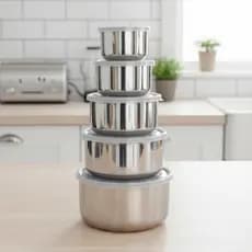 Jogo 5 Tigelas Potes Aluminio Com Tampa Mantimento Armazenamento Alimento Bowl Geladeira