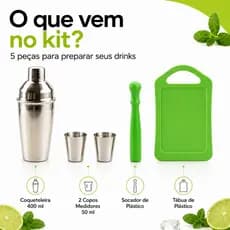 Kit Caipirinha Bartender 5 Pç Coqueteleira Socador Tabua Dosador Completo Drink Coqueteis