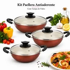 Kit Paellera Antiaderente Completo 3 Tamanhos Tampa de Vidro Temperado 3 Peças Nº 20 24 30