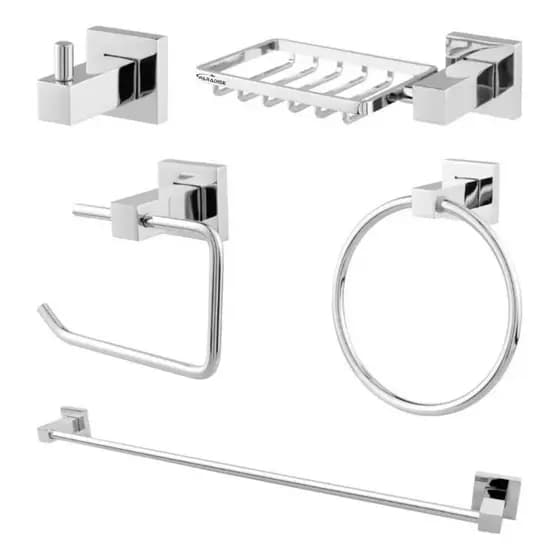 Kit Acessórios Banheiro 5 Peças Aço Inox Paradise Prata Luxo