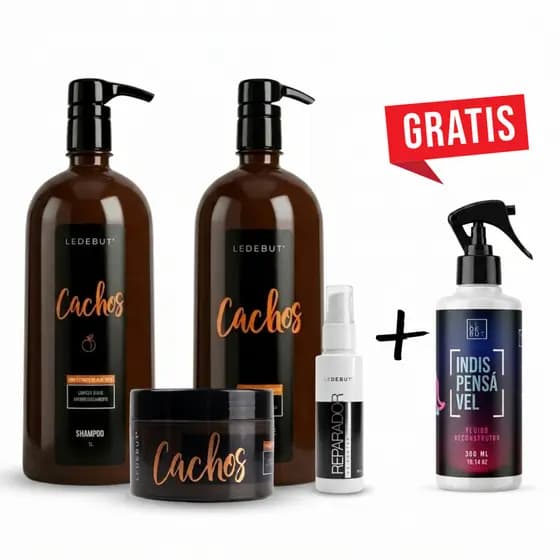 Kit Cachos Completo Creme Pentear, Shampoo, Máscara, Reparador de Pontas, Fluido Grátis Ledebut 2,6l