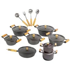 Kit Panelas Alumínio Fundido Batido com 12 Peças Caçarolas, Caldeirão, Frigideira e Talheres Preto