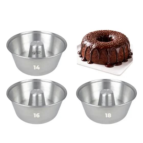 Jogo 3 formas de Bolo e Pudim Alumínio polido Kit Tamanhos14, 16 e 18 cm com furo central
