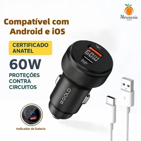 Carregador Turbo Automóvel 65W Type-C+USB | Carregamento Rápido 12V/24V Universal