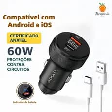 Carregador Turbo Automóvel 65W Type-C+USB | Carregamento Rápido 12V/24V Universal