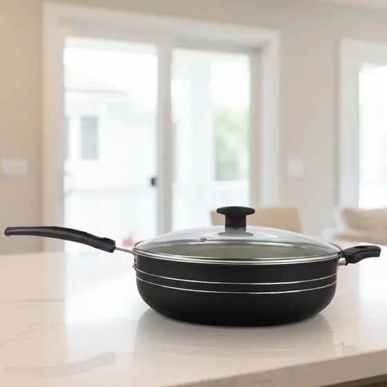 Frigideira Wok Antiaderente c/ Tampa de Vidro - Detalhes Pratas 30cm Cabo Reto