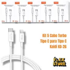 Kit 5 Cabos Kaidi KD-26 Tipo-C para iPhone (Lightning) 30W PD 1 Metro Carregamento Turbo Rápido