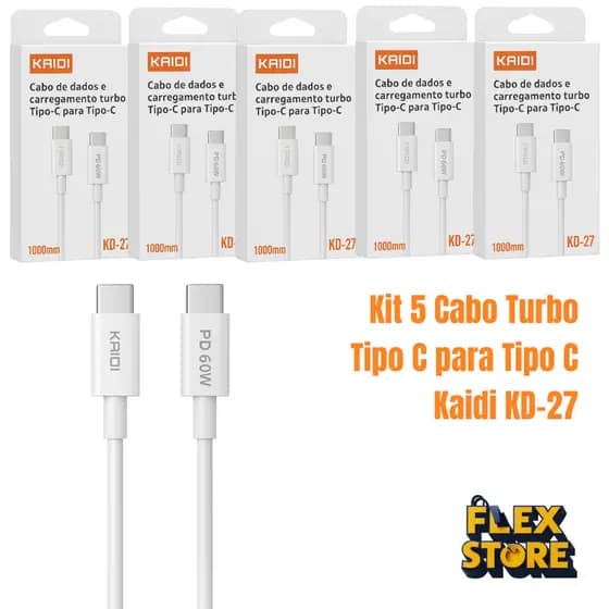 Kit 5 Cabos Kaidi KD-27 Tipo-C para Tipo-C Turbo 60W Power Delivery 1m Carregamento Rápido