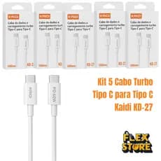 Kit 5 Cabos Kaidi KD-27 Tipo-C para Tipo-C Turbo 60W Power Delivery 1m Carregamento Rápido