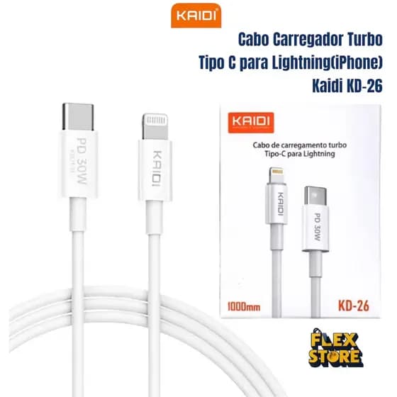 Cabo Kaidi KD-26 Tipo C para Lightning iPhone Carregamento Rápido Turbo PD 30W