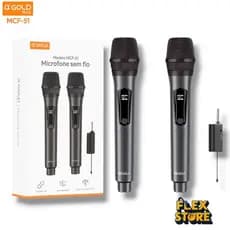 Kit 2 Microfone Dinâmico Duplo α’GOLD Plus MCF-51 com Receptor P10 Sem Fio Recarregável Profissional Karaokê/Palestra