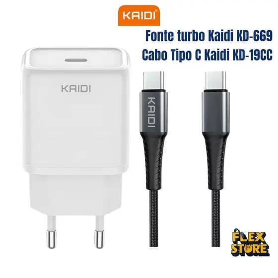 Kit Carregador Turbo Tipo C Kaidi KD-669 20W + Cabo Tipo-C Kaidi KD-19CC 60W – 20W  – Carregamento Rápido