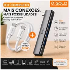 Kit A´Gold Premium Hub USB-C 4 Portas USB Mais Cabo USB-C para USB-C 60W Para Iphone Samsung Motorola Alta Velocidade