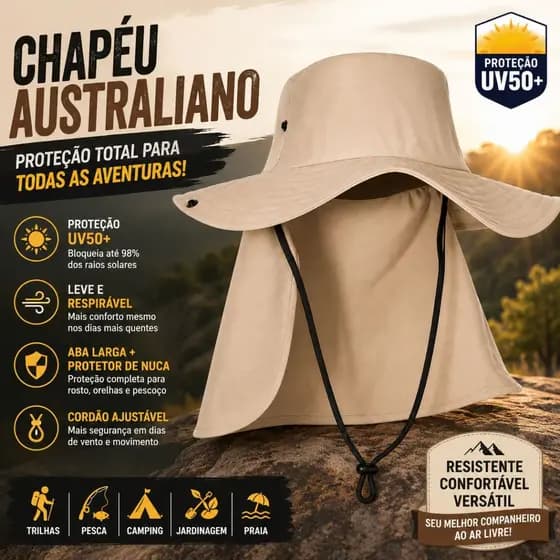 Chapéu Australiano com Aba Larga e Proteção Solar UV Para Atividades ao Ar Livre