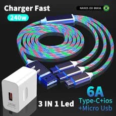 Carregador Rápido De 240 W Com Cabo USB De Luz De Fluxo LED 3 Em 1 Para Cabos De Carregamento Tipo C Micro IOS Streamer