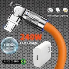 Carregador Super Rápido De 240 W Com 180 ° Cabo De Carregamento De Rotação Para Cabos Giratórios Micro USB iOS Tipo C CV
