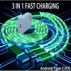 Carregador Rápido Com Cabo USB De Luz De Fluxo LED 3 Em 1 De 240 W Para Cabos De Carregamento Micro IOS Streamer Tipo C