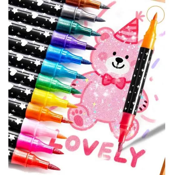 KIT 1/12/24/36/48 Marcadores Ponta Dupla Metálicos com Glitter - Ideal para Desenho e Lettering