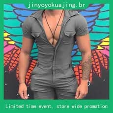 Macacão Curto Masculino Plus Size Cor Lisa De Manga Curta Com Zíper Slim Fit Moda Estilo Para Verão Casual