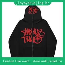 Menos Dois Y2K Hoodie Carta Gráfica Impressão Harajuku Hip Hop Capuz Preto Tamanho Grande Sweatshirt Homens Mulheres Ca