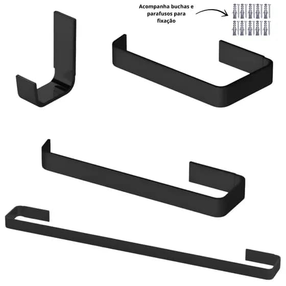 Kit 4 Peças Acessórios Banheiro Quadrado Preto Fosco – Elegância e Durabilidade