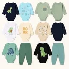 Kit 6 Peças Roupinhas de Bebê Menino  3 Bodys Manga Longa 3 Calças Mijão Algodão