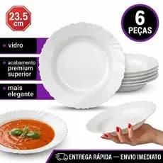 Kit Jogo de 6 Prato Fundo Nadir Duralex Vidro Pétala Branco Opaline