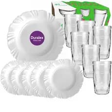 Duralex 6 Pratos Petala Fundo 23CM Opaline Branco ou 6 Copos Zumba 270ml Vidro Brilhante