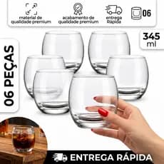 Kit Jogo de 06 Copos de Vidro Rocks Aruba SM 345ml.A Pronta Entrega