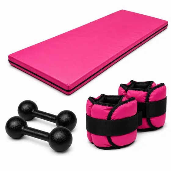 Oferta KIT FITNESS COMPLETO COLCHONETE ROSA + PAR 1KG HALTER BOLA + PAR 1KG CANELEIRA ROSA | TREINO EM CASA OU ACADEMIA