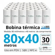 Bobina Termica 80x40 metros | 30 unidades | Cupom Fiscal | PDV | Sat | NFC-e | Cor Branca