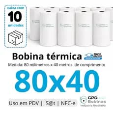 Bobina Termica 80x40 metros | 10 unidades | Cupom Fiscal | PDV | Sat | NFC-e | Cor Branca