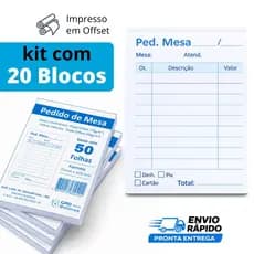 Kit 20 Blocos de Comanda Pedido Mesa - Talão com 50 Folhas - Total 1.000 Comandas