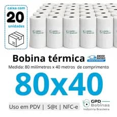 Bobina Termica 80x40 metros | 20 unidades | Cupom Fiscal | PDV | Sat | NFC-e | Cor Branca