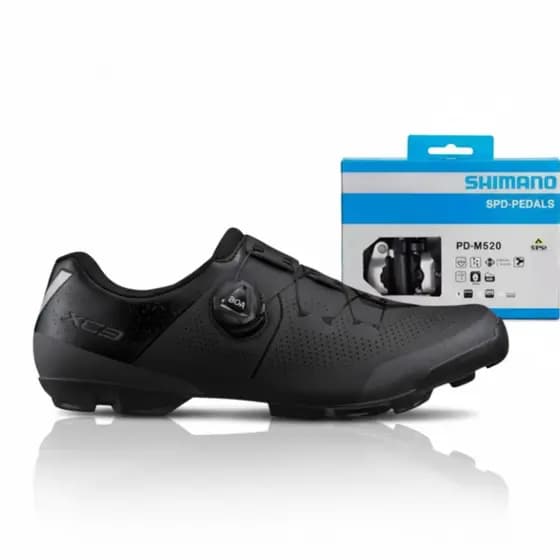 Kit Sapatilha MTB Shimano XC302 Preta + Pedal Clip Shimano PD-M520 Original Compatível SPD Ciclismo