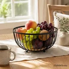 Fruteira Aramada Redonda Preta com Base de Bambu Organizador de Frutas para Cozinha Decorada