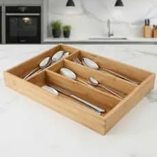 Porta Talheres de Bambu Organizador de Gaveta Premium com 4 Divisórias para Cozinha