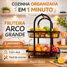 Fruteira Aramada 2 Andares com Alça Madeira | Organizador de Bancada Preto/Branco