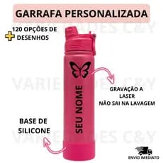 Garrafa Térmica 800ml Personalizada Premium Nome Inox Tampa Canudo com Base de Silicone