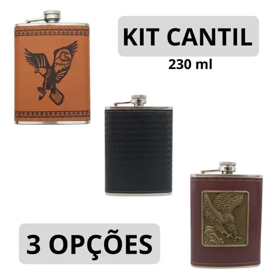 Kit Cantil Masculino Portátil Aço Inox Couro Luxo Caixa de Presente Premium Amigo Secreto