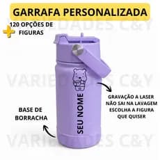 Garrafa Térmica Antiderrapante Infantil com Canudo Personalizada 350ml Nome mais Desenho