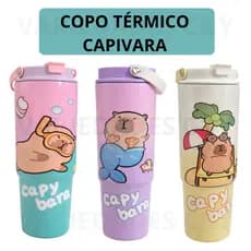 Copo Térmico Estampa de Capivara 900ml Infantil com Canudo e Alça