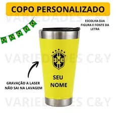 Copo Personalizado Térmico 500ml Inox com Tampa e Abridor Tema Futebol Copa do Mundo Brasil